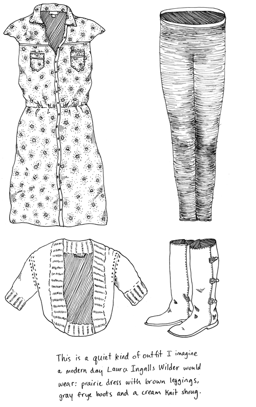 Outfit No 17: A quiet kind of outfit I imagine a modern day Laura Ingalls Wilder would wear: prairie dress with brown leggings, gray Frye boots and a cream knit shrug.